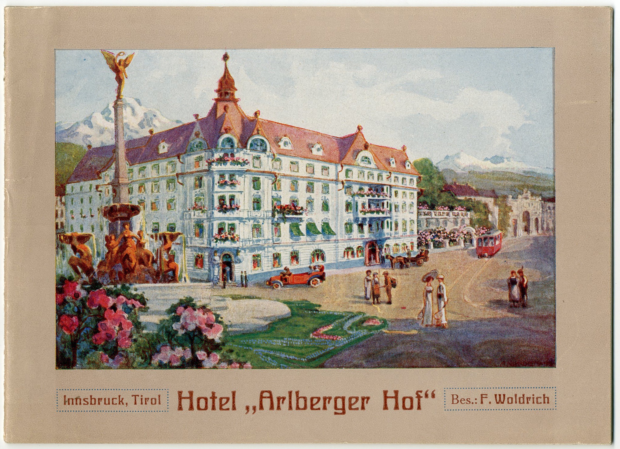 Das Hotel Arlbergerhof lag gegenüber dem Hauptbahnhof. Leicht zu erkennen ist, dass die Perspektive für  Werbezwecke massiv verzerrt wurde.