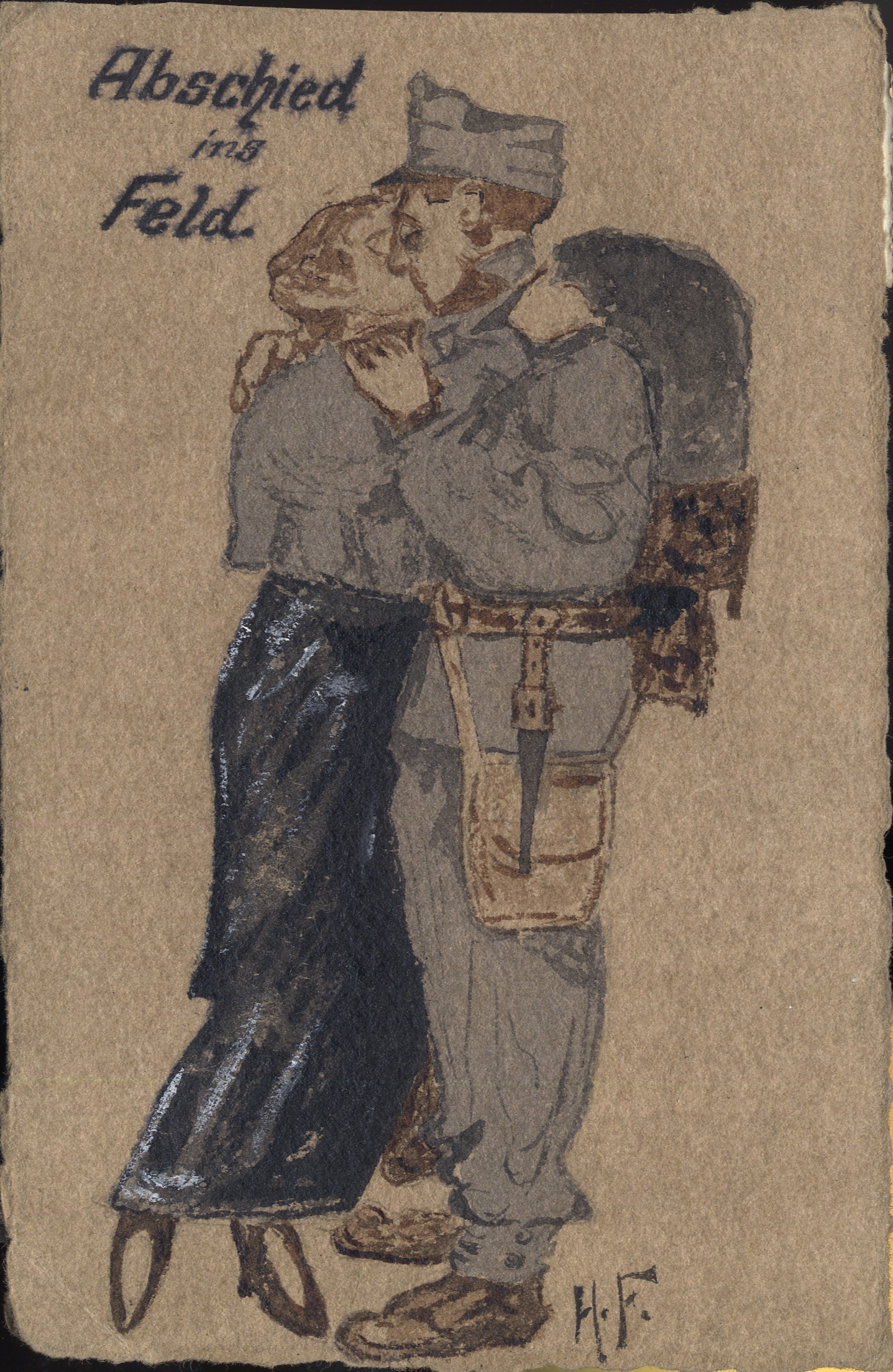 Handaquarellierte Propaganda-Postkarte "Abschied ins Feld" aus dem Ersten Weltkrieg.